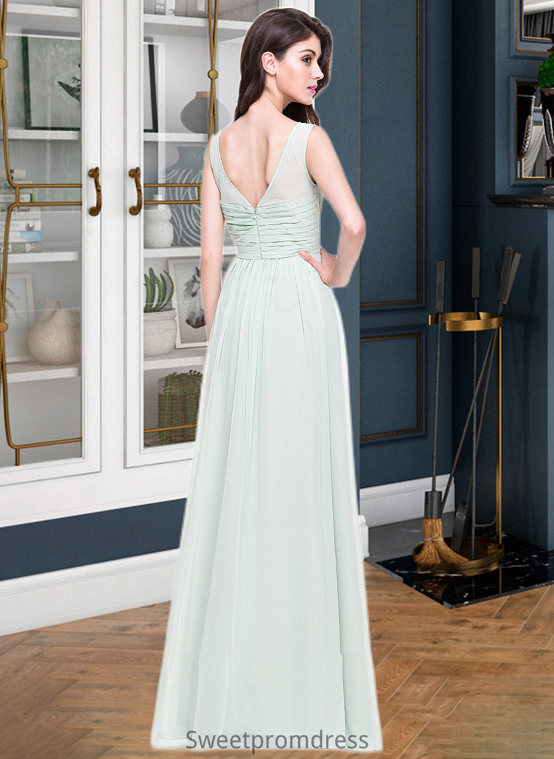 Jackie A-Line Scoop Neck Floor-Length Chiffon Bridesmaid Dress With Ruffle DHP0013296