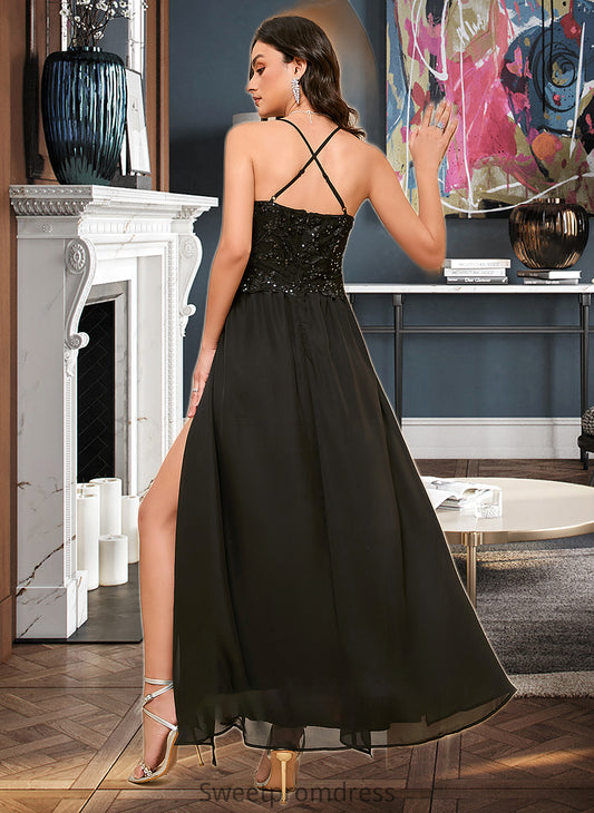 Lyric A-LineV-neckAnkle-LengthBridesmaidDressWithSequinsSplitFront#273658 DHP0013298