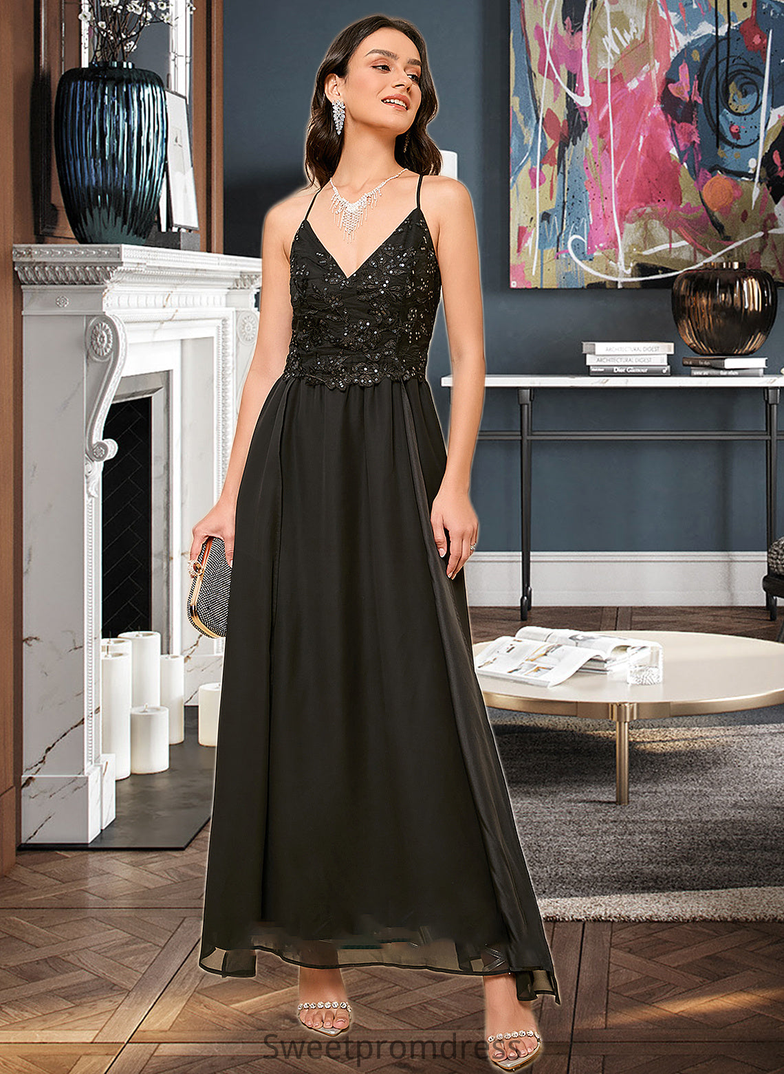 Lyric A-LineV-neckAnkle-LengthBridesmaidDressWithSequinsSplitFront#273658 DHP0013298