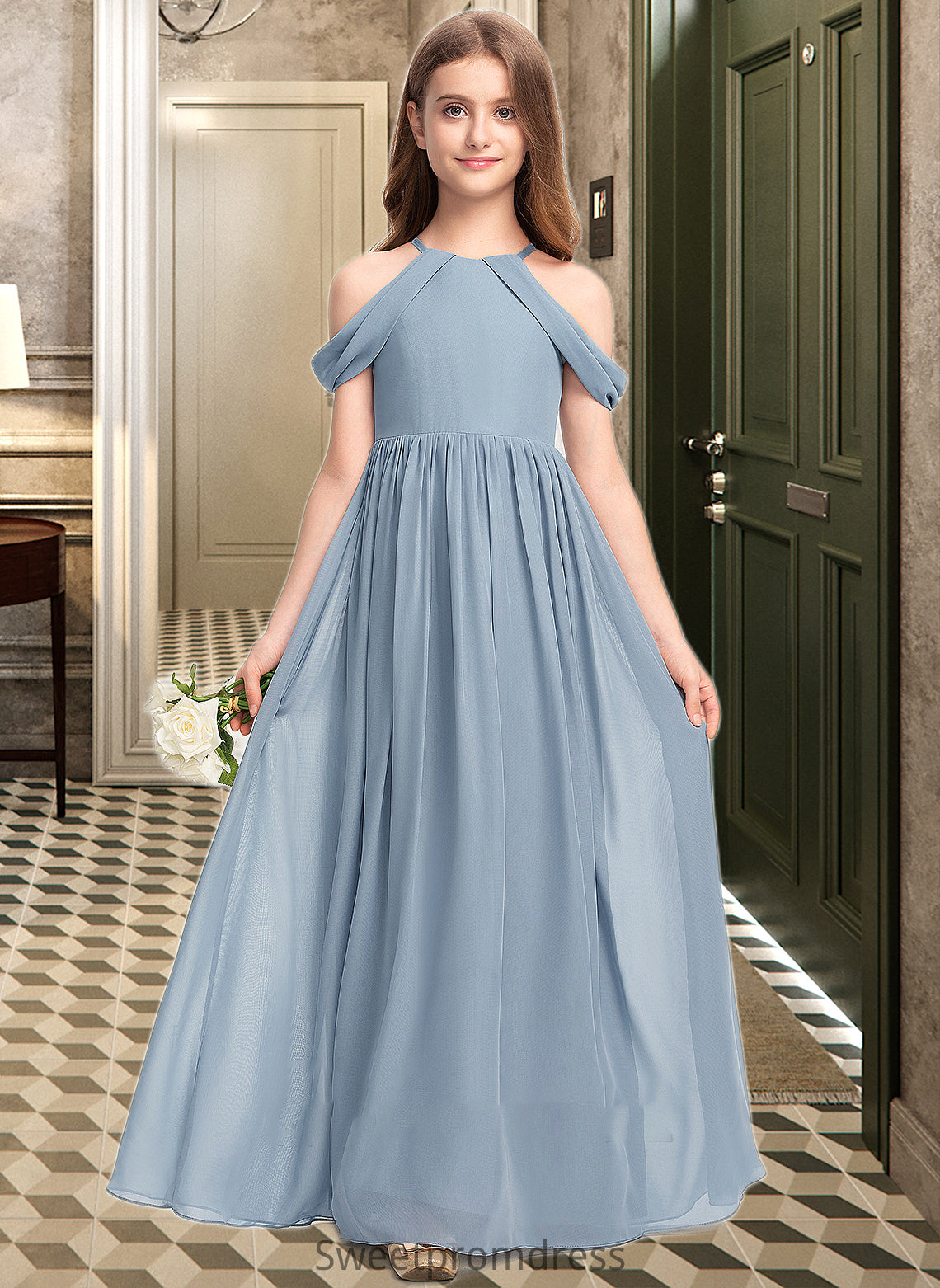 Renata A-Line Scoop Neck Floor-Length Chiffon Junior Bridesmaid Dress With Ruffle DHP0013302