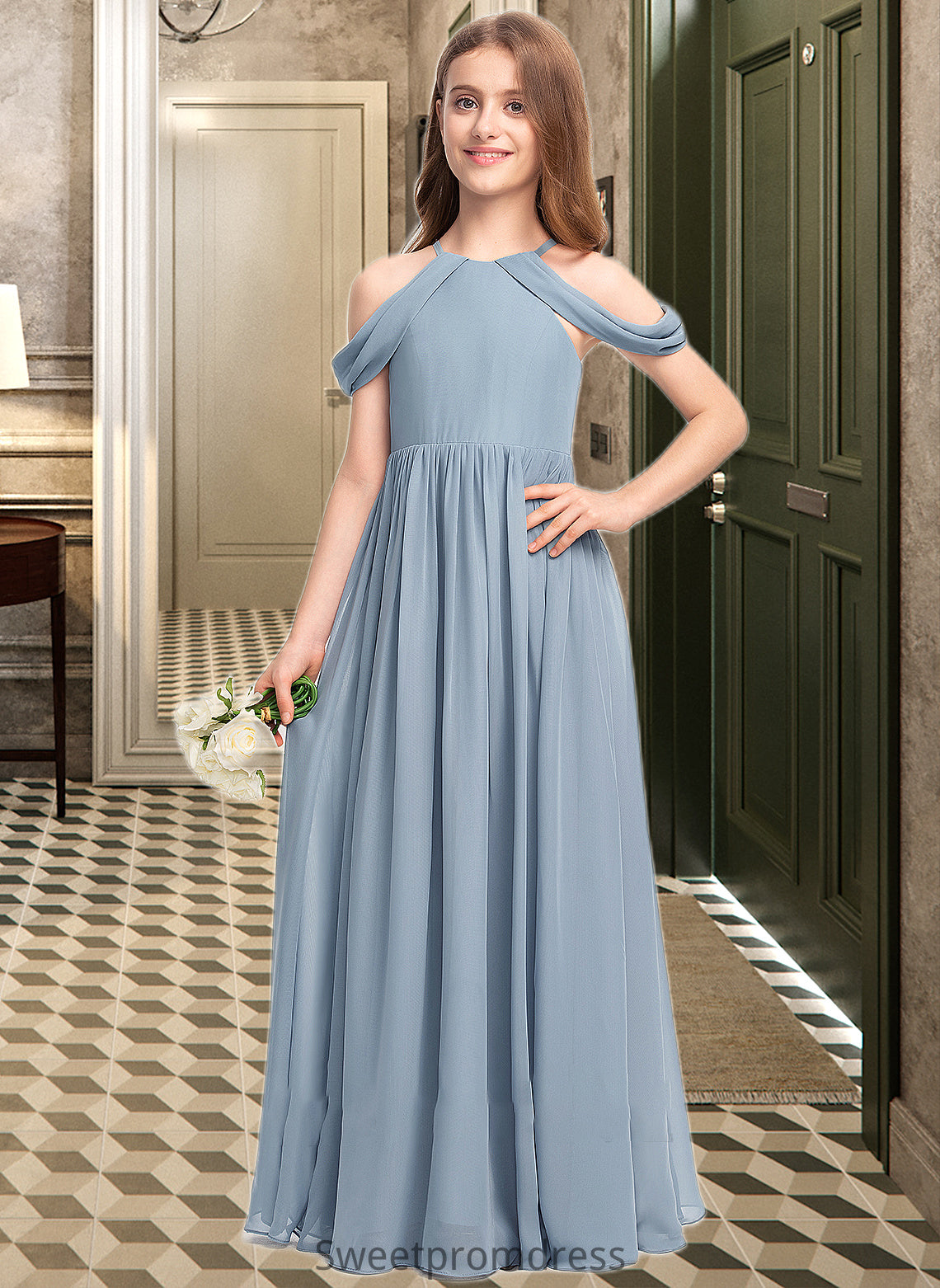 Renata A-Line Scoop Neck Floor-Length Chiffon Junior Bridesmaid Dress With Ruffle DHP0013302