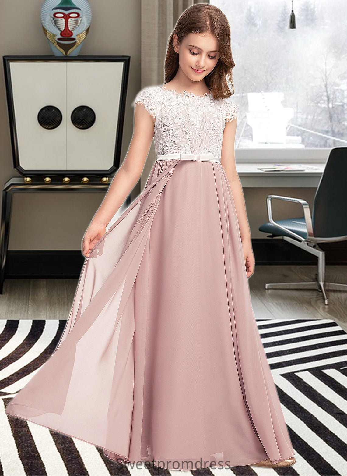 Kaya A-Line Scoop Neck Floor-Length Chiffon Lace Junior Bridesmaid Dress With Bow(s) DHP0013305