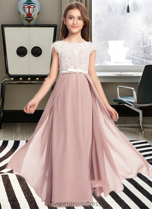 Kaya A-Line Scoop Neck Floor-Length Chiffon Lace Junior Bridesmaid Dress With Bow(s) DHP0013305