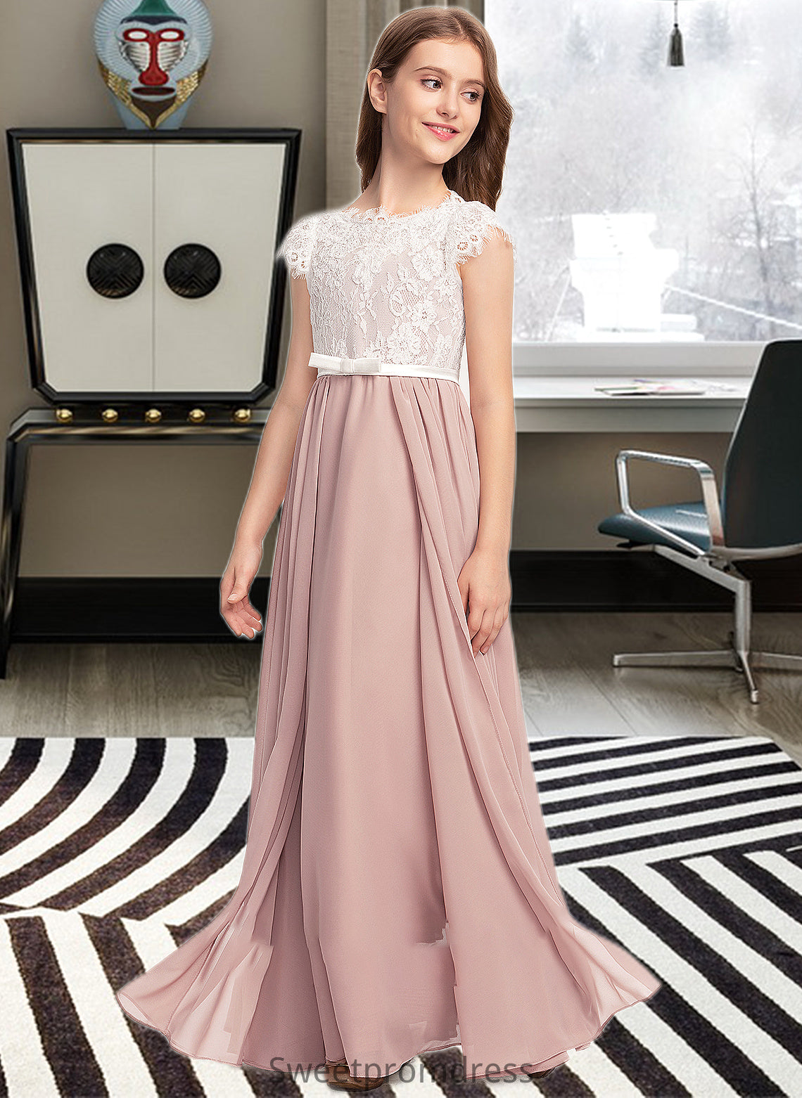 Kaya A-Line Scoop Neck Floor-Length Chiffon Lace Junior Bridesmaid Dress With Bow(s) DHP0013305