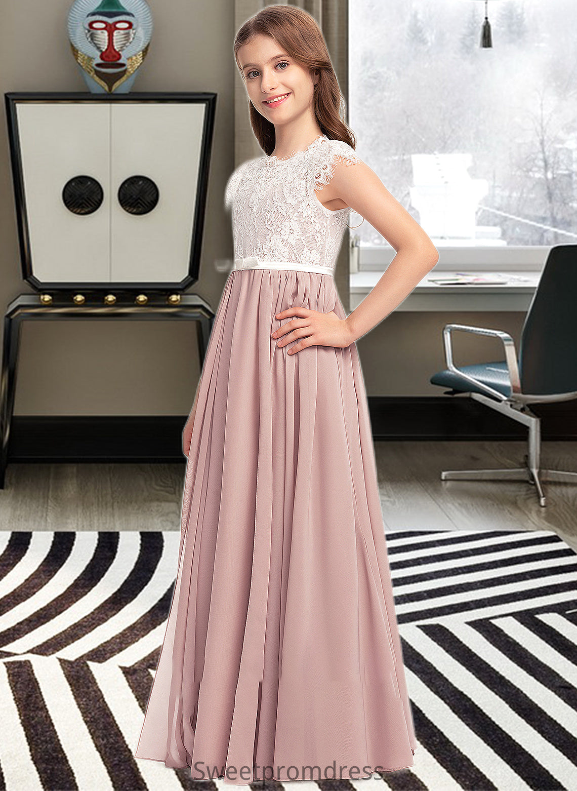 Kaya A-Line Scoop Neck Floor-Length Chiffon Lace Junior Bridesmaid Dress With Bow(s) DHP0013305