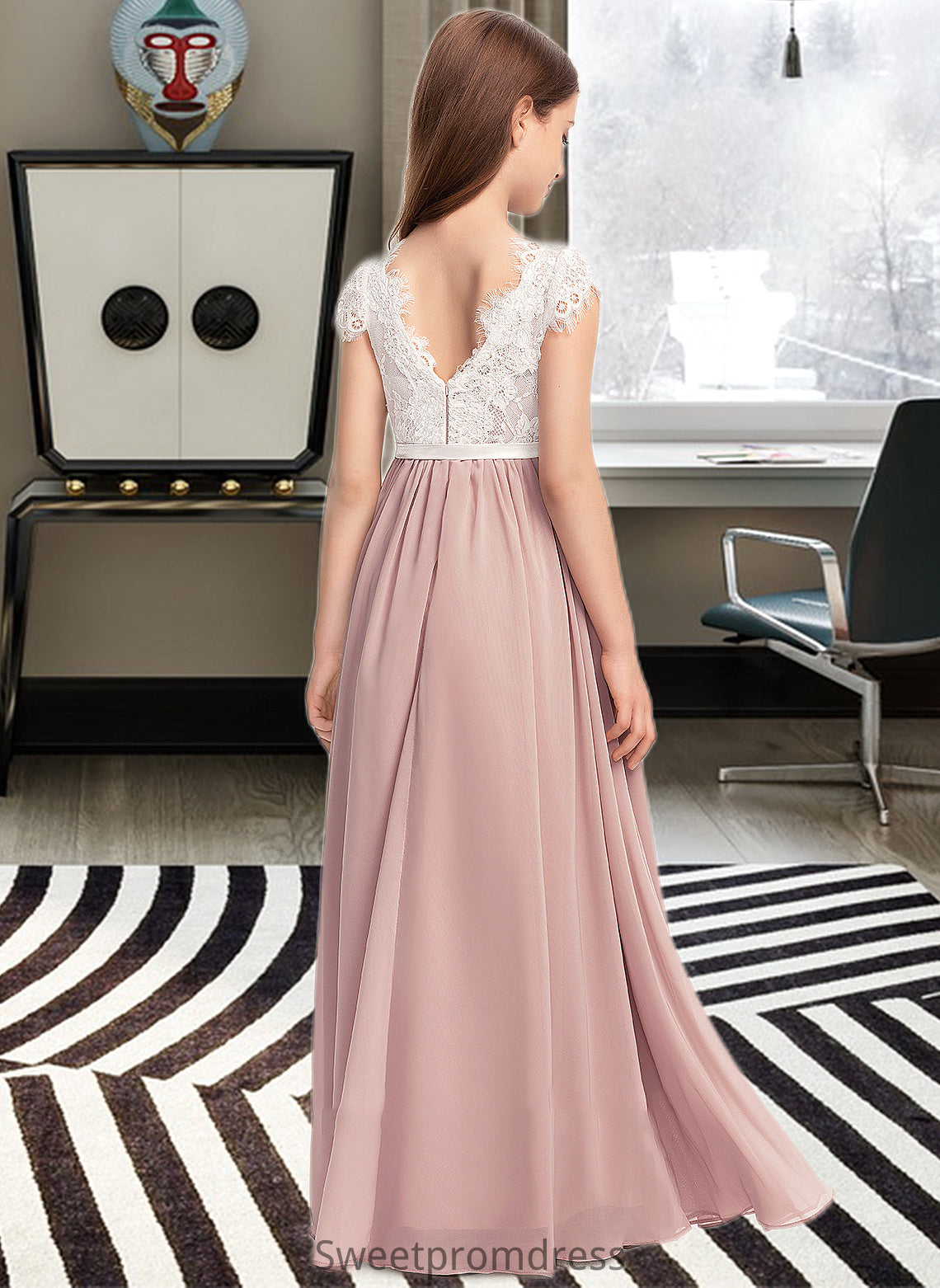 Kaya A-Line Scoop Neck Floor-Length Chiffon Lace Junior Bridesmaid Dress With Bow(s) DHP0013305