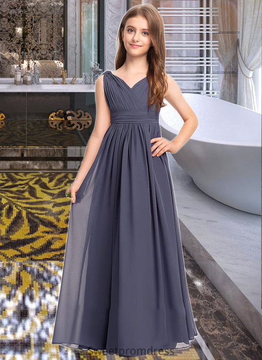 Shayla A-Line V-neck Floor-Length Chiffon Junior Bridesmaid Dress With Ruffle DHP0013307