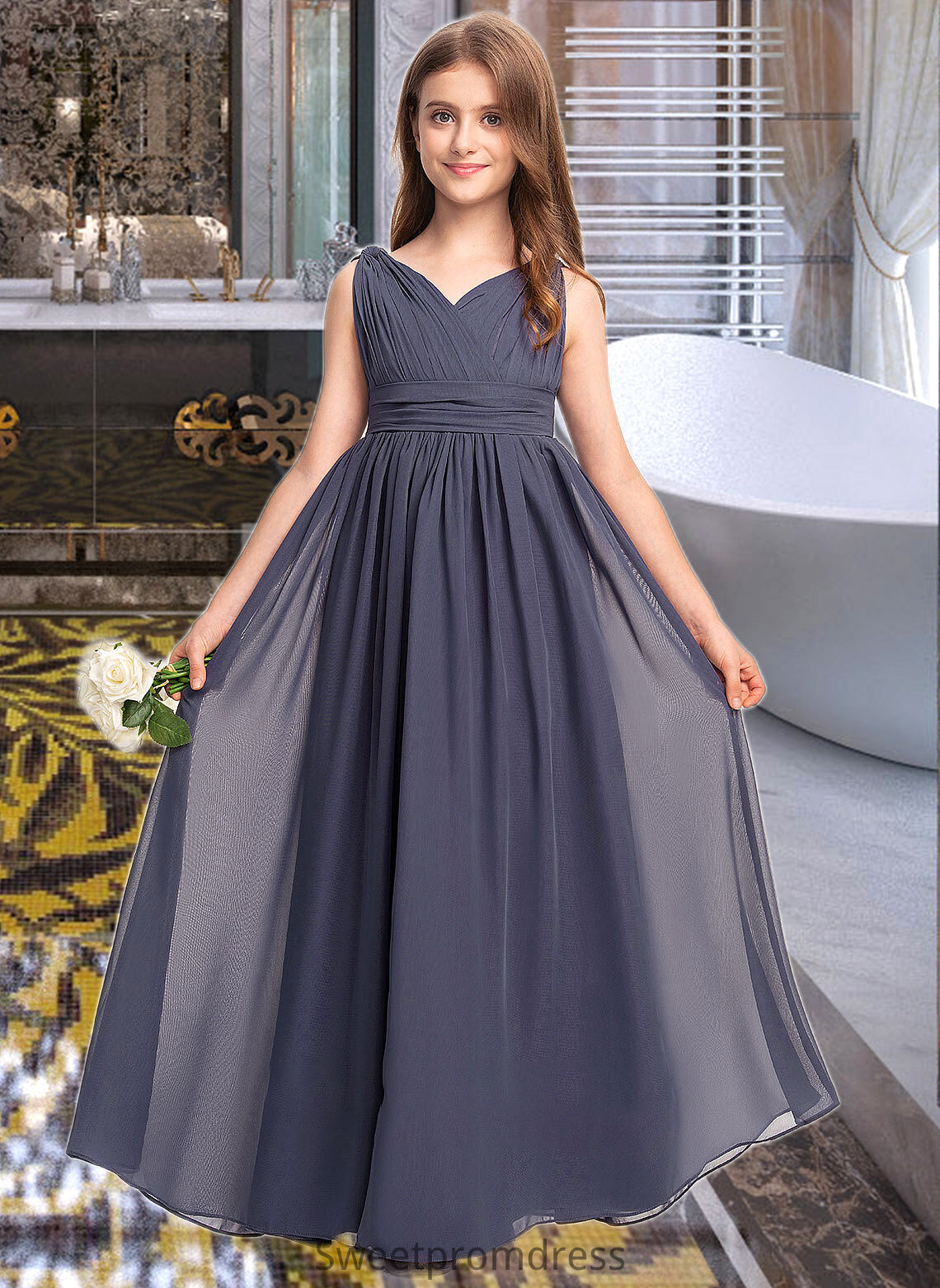 Shayla A-Line V-neck Floor-Length Chiffon Junior Bridesmaid Dress With Ruffle DHP0013307