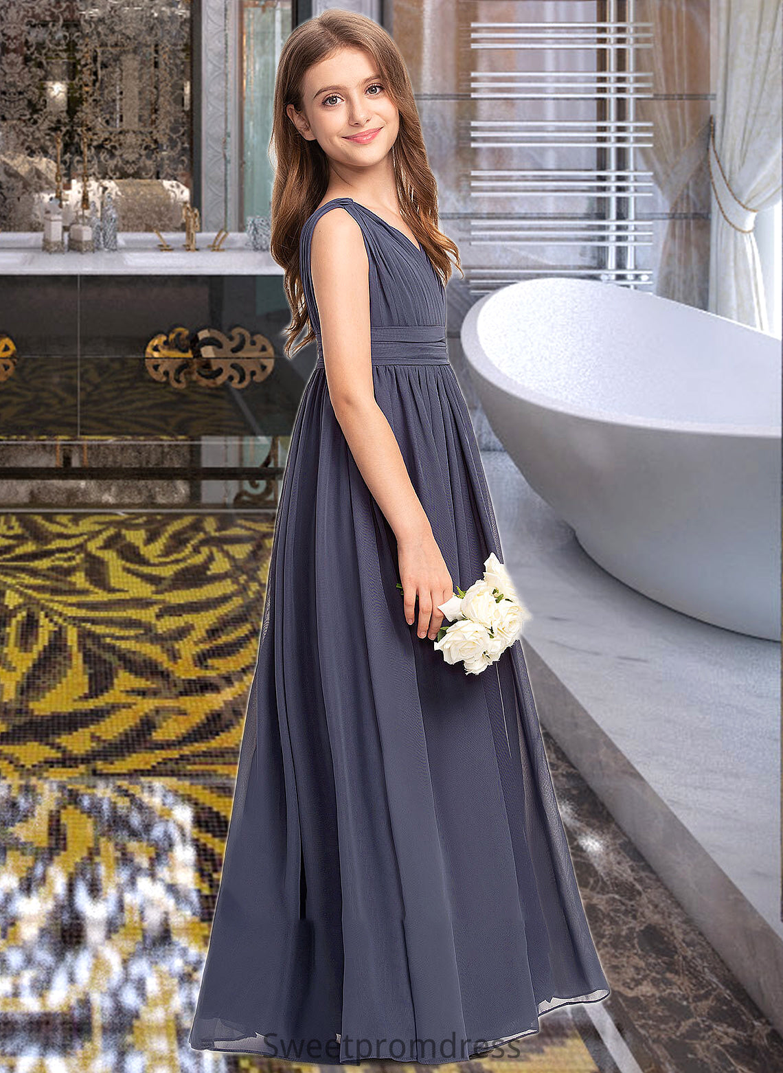 Shayla A-Line V-neck Floor-Length Chiffon Junior Bridesmaid Dress With Ruffle DHP0013307