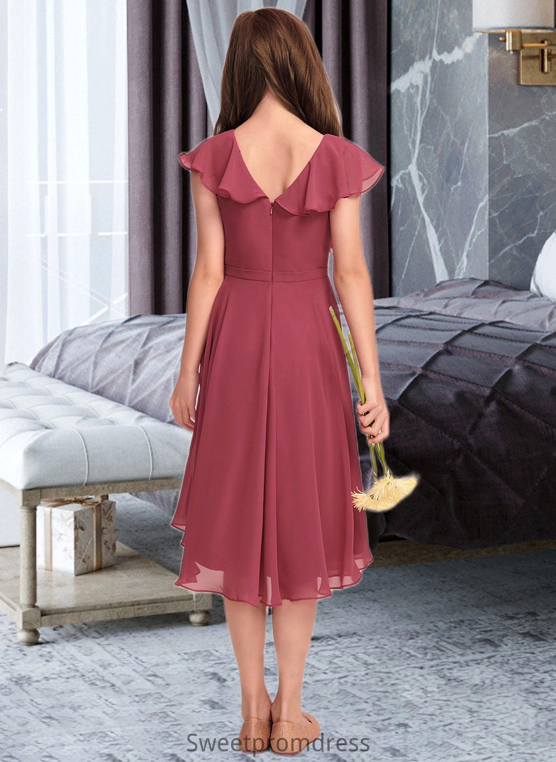 Casey A-Line V-neck Asymmetrical Chiffon Junior Bridesmaid Dress With Cascading Ruffles DHP0013309