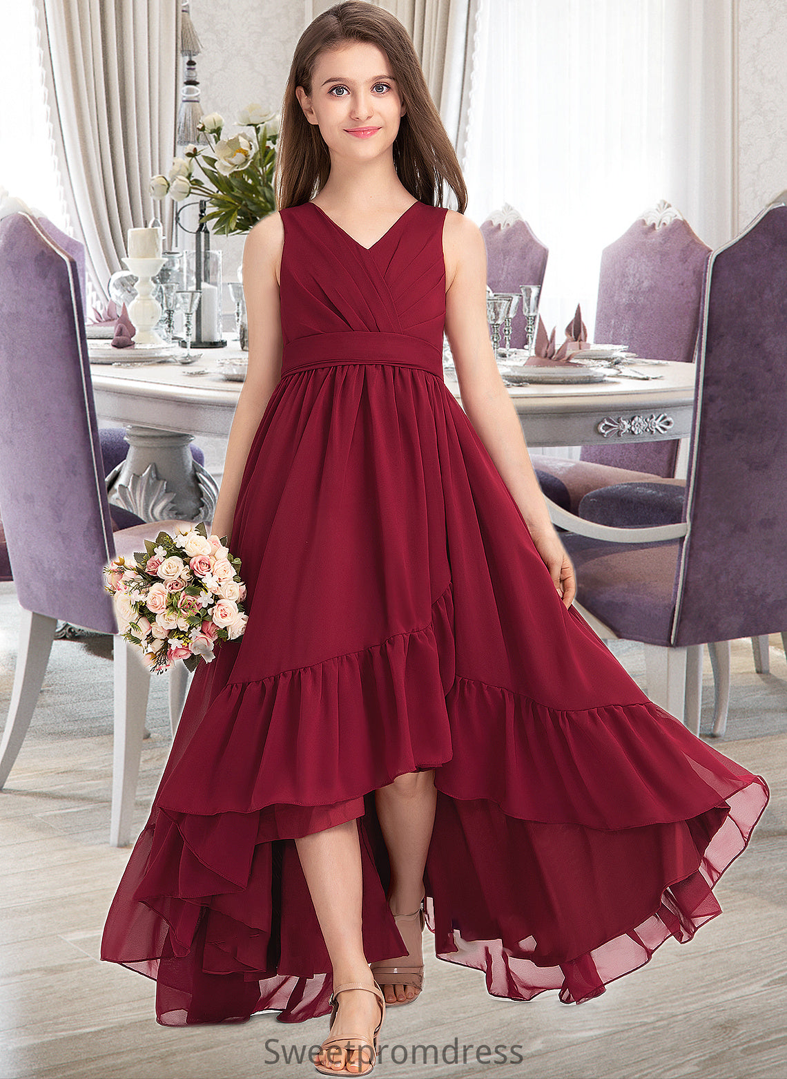 Liana A-Line V-neck Asymmetrical Chiffon Junior Bridesmaid Dress With Bow(s) Cascading Ruffles DHP0013310