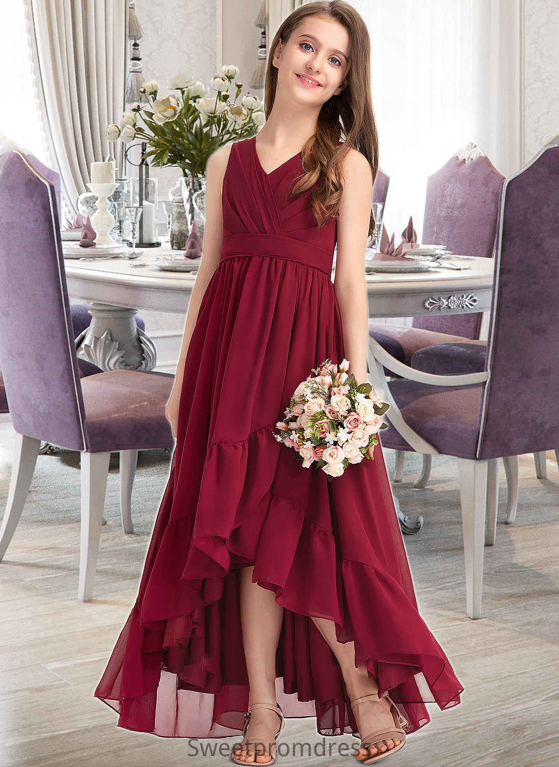 Liana A-Line V-neck Asymmetrical Chiffon Junior Bridesmaid Dress With Bow(s) Cascading Ruffles DHP0013310