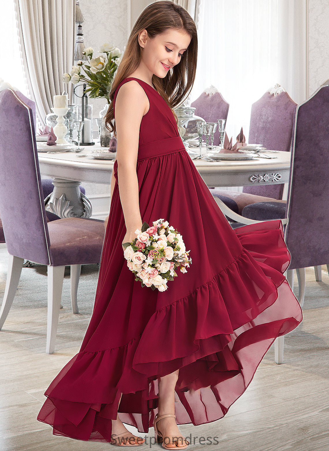 Liana A-Line V-neck Asymmetrical Chiffon Junior Bridesmaid Dress With Bow(s) Cascading Ruffles DHP0013310