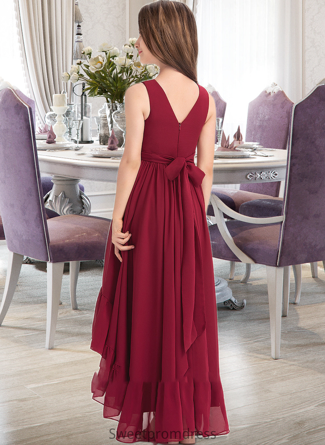 Liana A-Line V-neck Asymmetrical Chiffon Junior Bridesmaid Dress With Bow(s) Cascading Ruffles DHP0013310