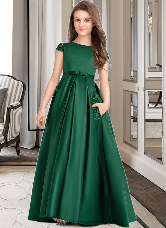 Arielle Ball-Gown/Princess Scoop Neck Floor-Length Satin Lace Junior Bridesmaid Dress With Bow(s) Pockets DHP0013311