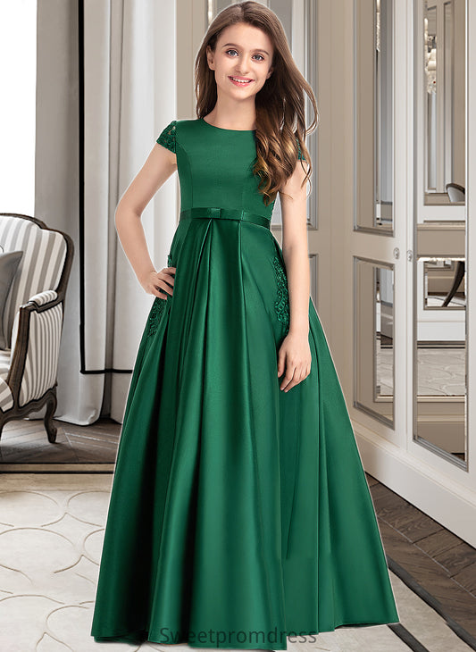 Arielle Ball-Gown/Princess Scoop Neck Floor-Length Satin Lace Junior Bridesmaid Dress With Bow(s) Pockets DHP0013311