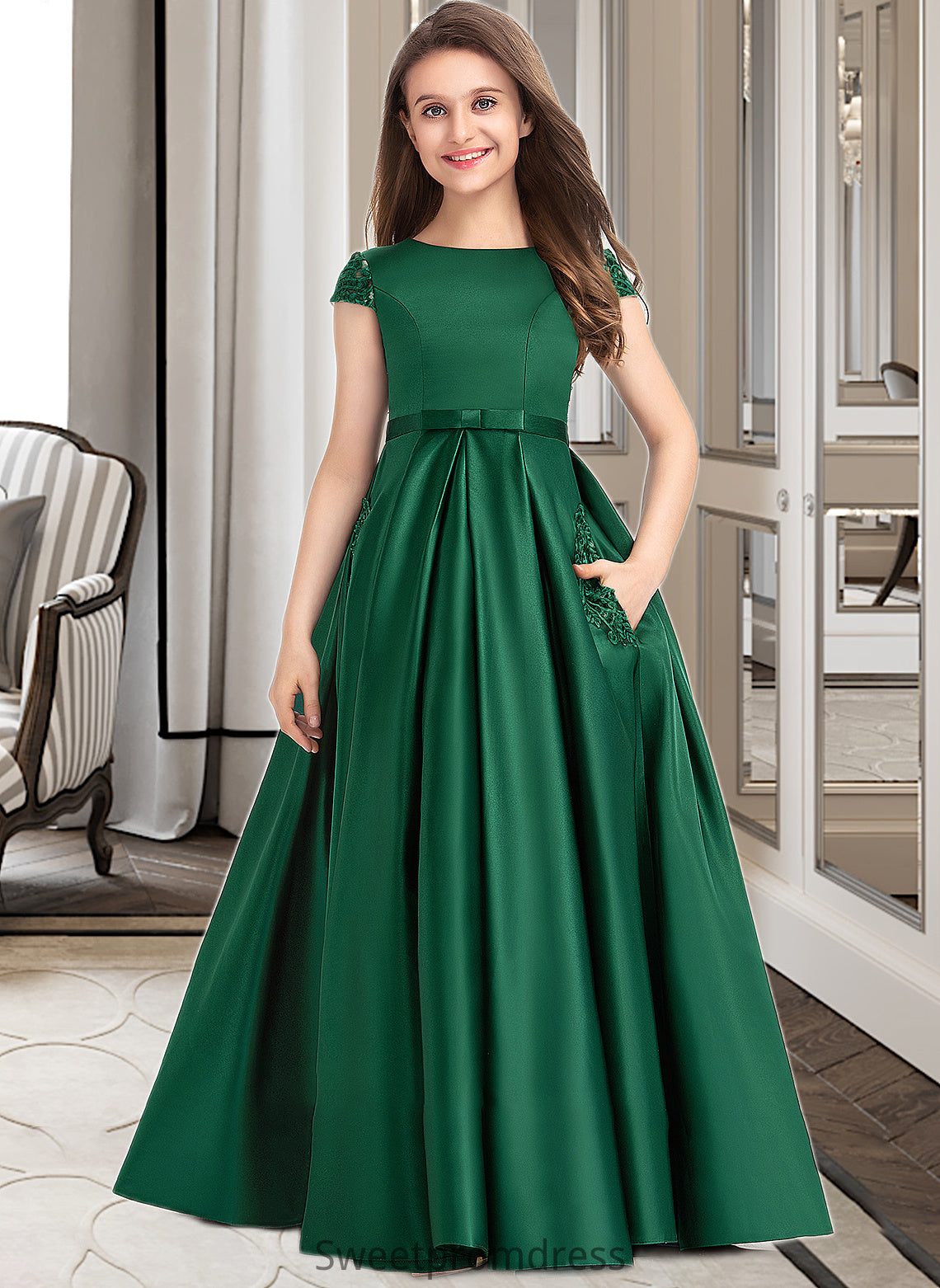 Arielle Ball-Gown/Princess Scoop Neck Floor-Length Satin Lace Junior Bridesmaid Dress With Bow(s) Pockets DHP0013311