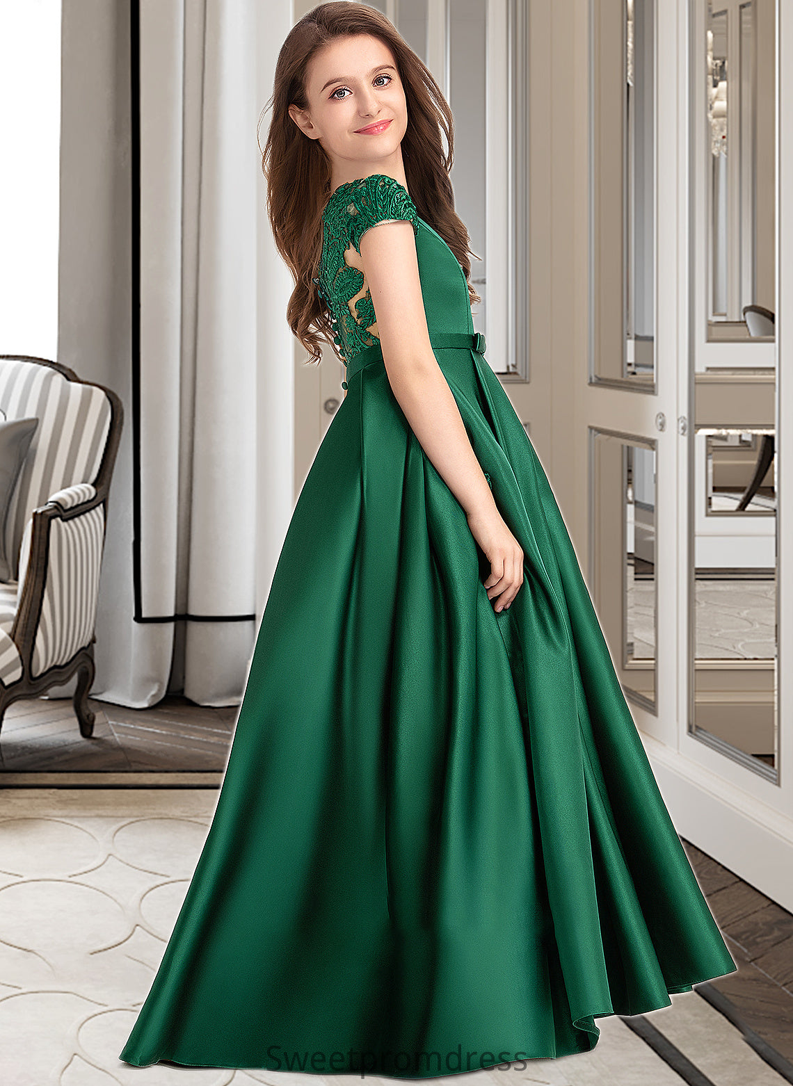 Arielle Ball-Gown/Princess Scoop Neck Floor-Length Satin Lace Junior Bridesmaid Dress With Bow(s) Pockets DHP0013311