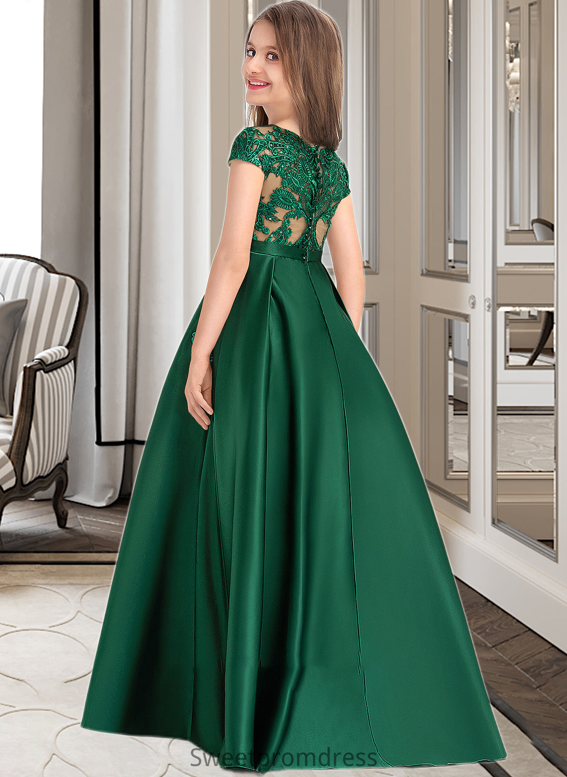 Arielle Ball-Gown/Princess Scoop Neck Floor-Length Satin Lace Junior Bridesmaid Dress With Bow(s) Pockets DHP0013311