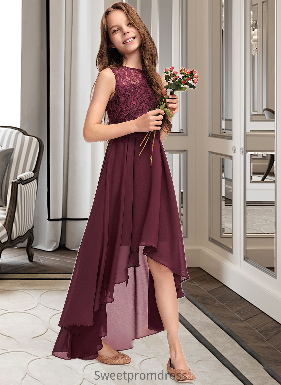 Kali A-Line Scoop Neck Asymmetrical Chiffon Lace Junior Bridesmaid Dress With Bow(s) DHP0013312