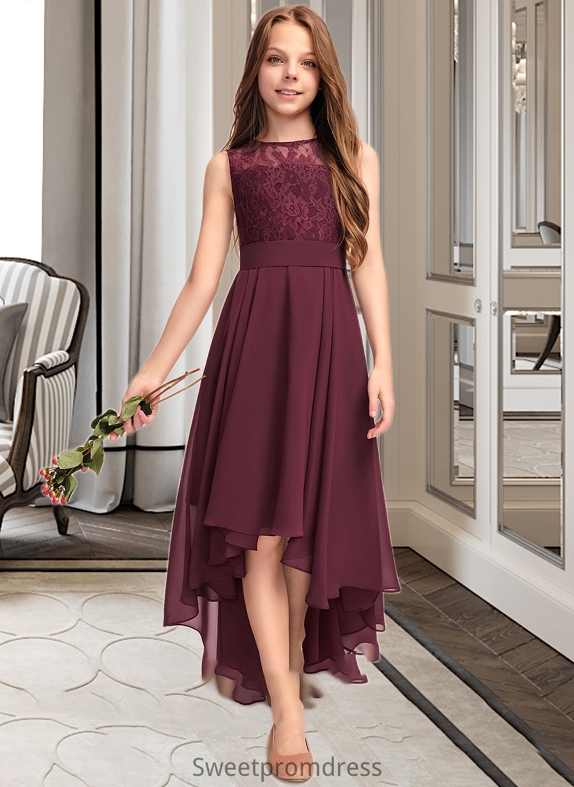 Kali A-Line Scoop Neck Asymmetrical Chiffon Lace Junior Bridesmaid Dress With Bow(s) DHP0013312