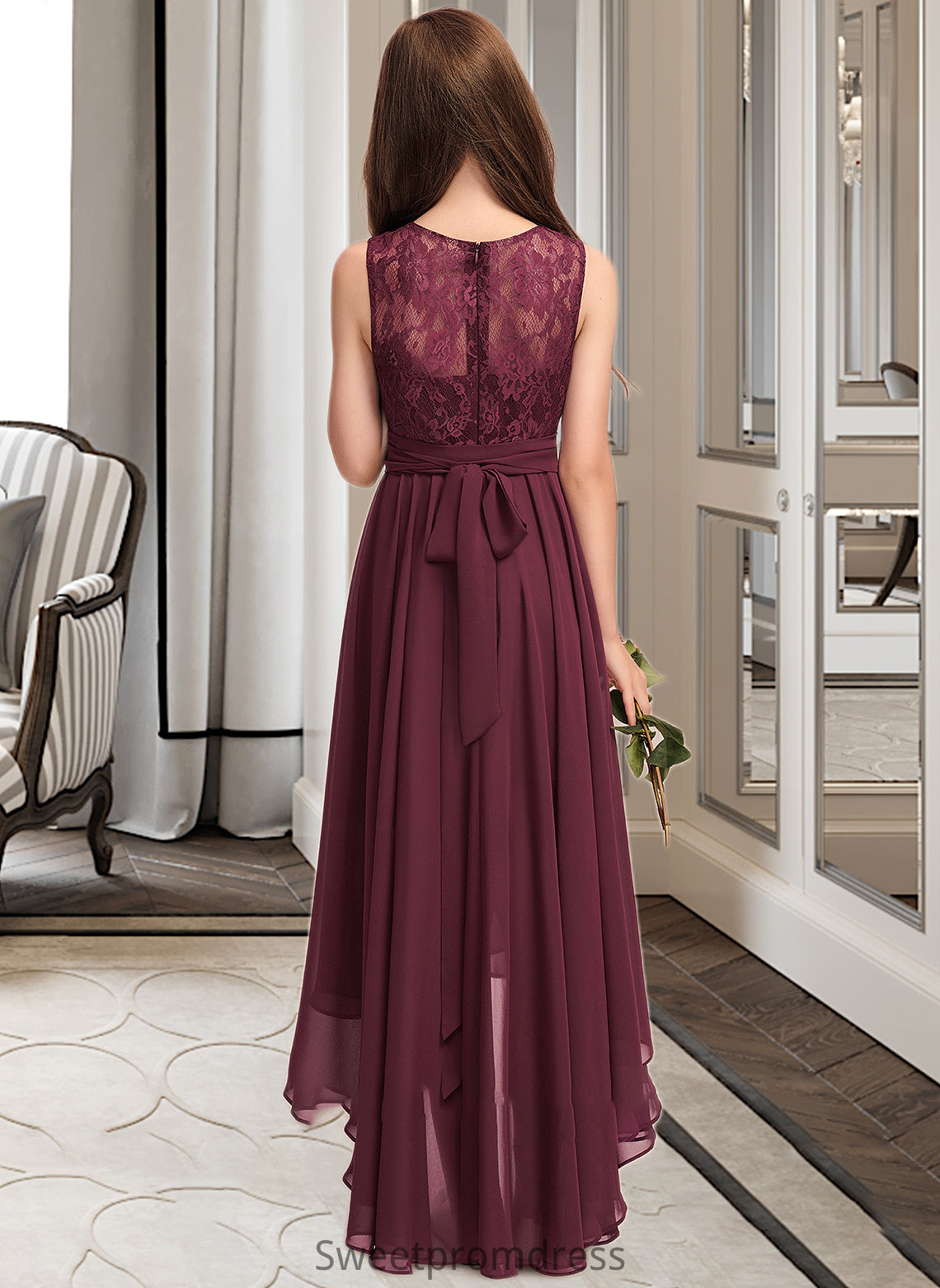 Kali A-Line Scoop Neck Asymmetrical Chiffon Lace Junior Bridesmaid Dress With Bow(s) DHP0013312