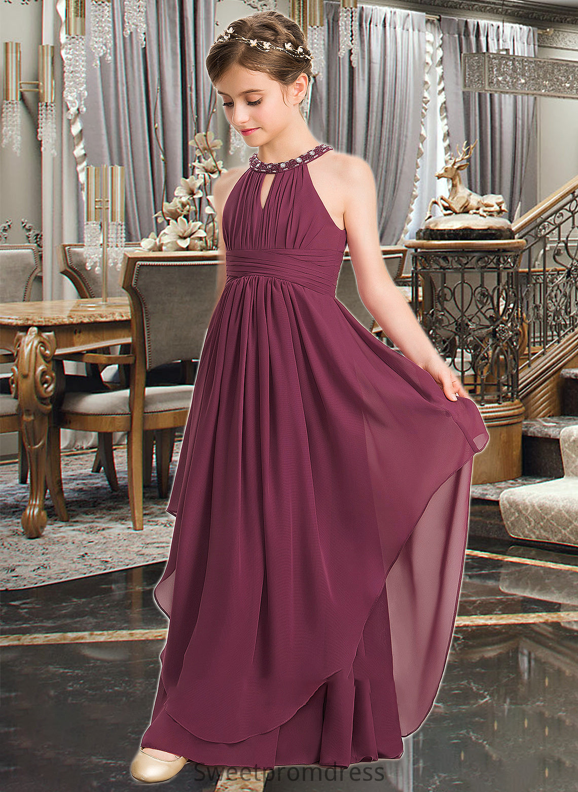 Jaelynn A-Line Scoop Neck Floor-Length Chiffon Junior Bridesmaid Dress With Ruffle Beading DHP0013313