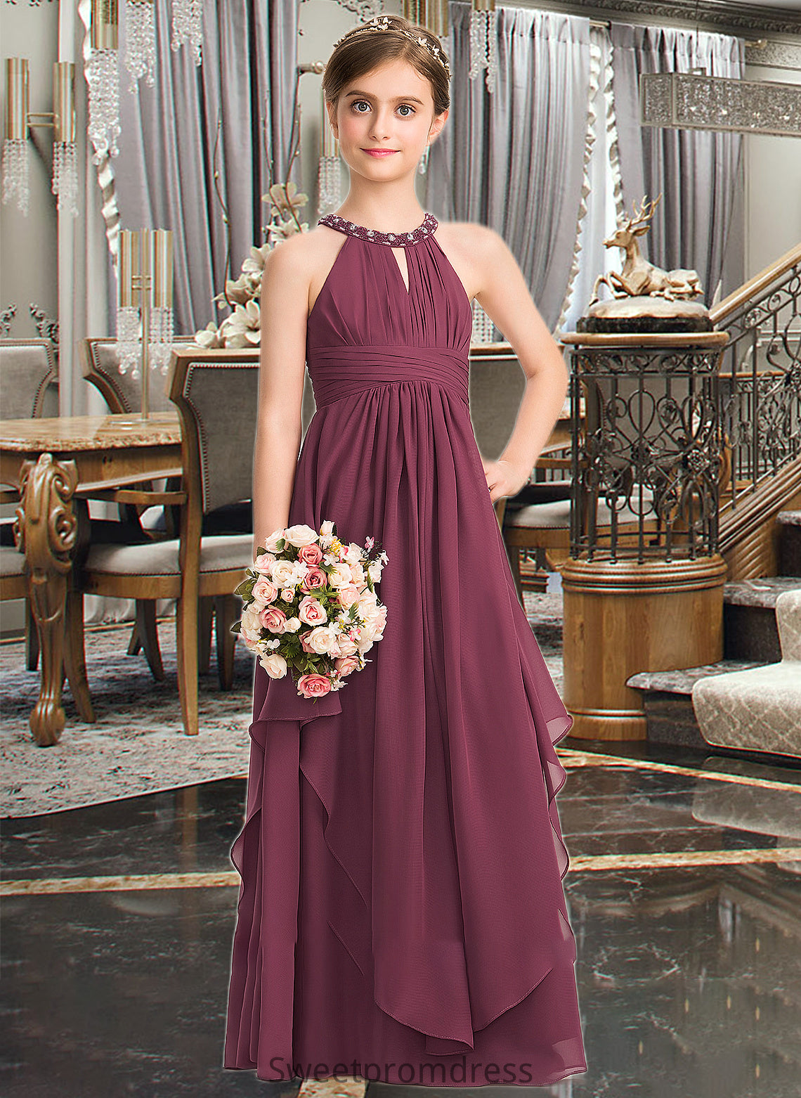 Jaelynn A-Line Scoop Neck Floor-Length Chiffon Junior Bridesmaid Dress With Ruffle Beading DHP0013313