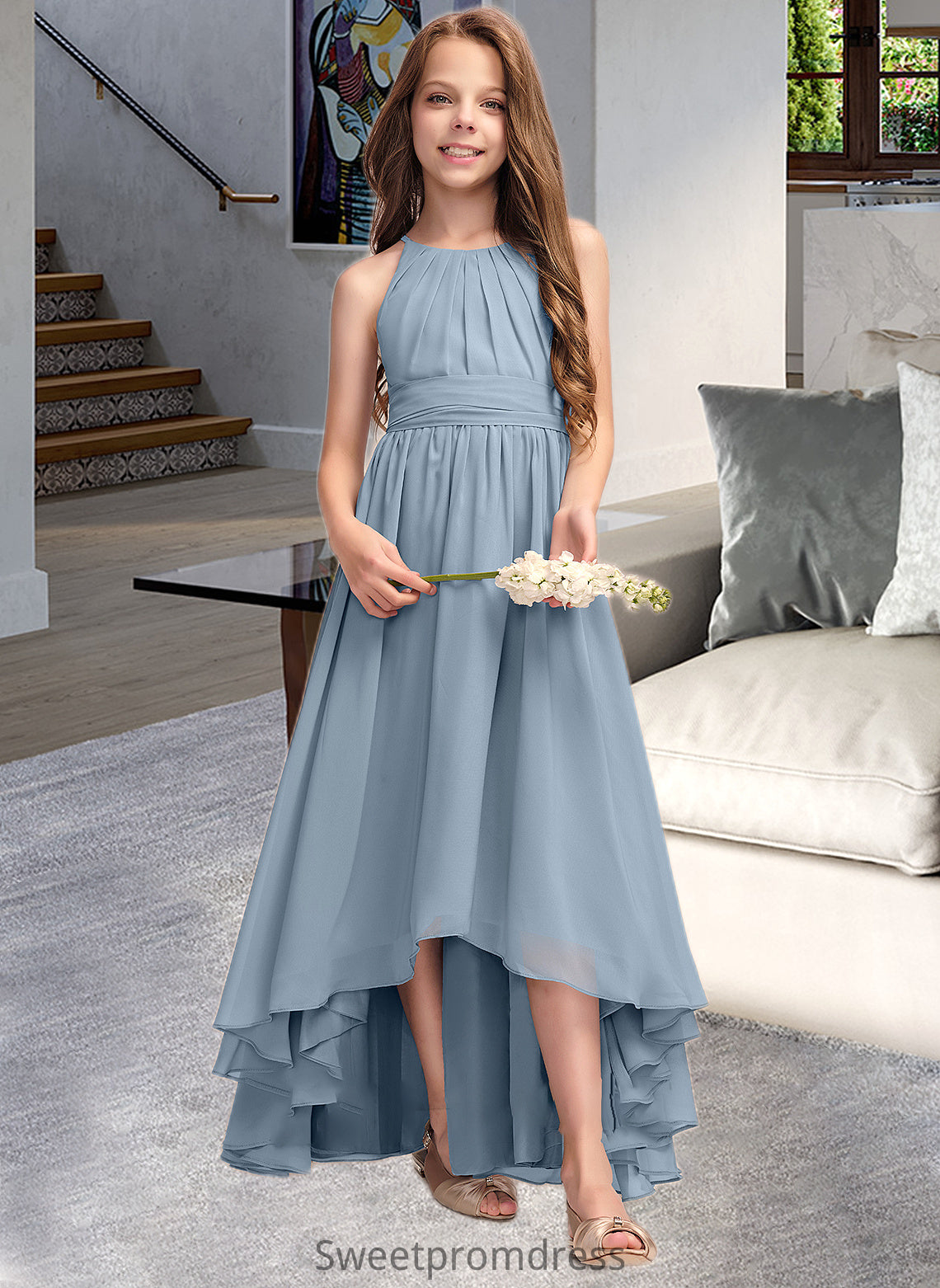 Sofia A-Line Scoop Neck Asymmetrical Chiffon Junior Bridesmaid Dress With Ruffle Bow(s) DHP0013314