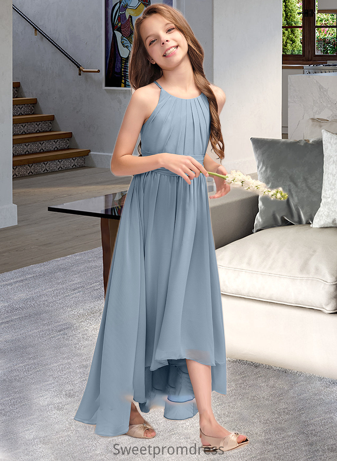 Sofia A-Line Scoop Neck Asymmetrical Chiffon Junior Bridesmaid Dress With Ruffle Bow(s) DHP0013314