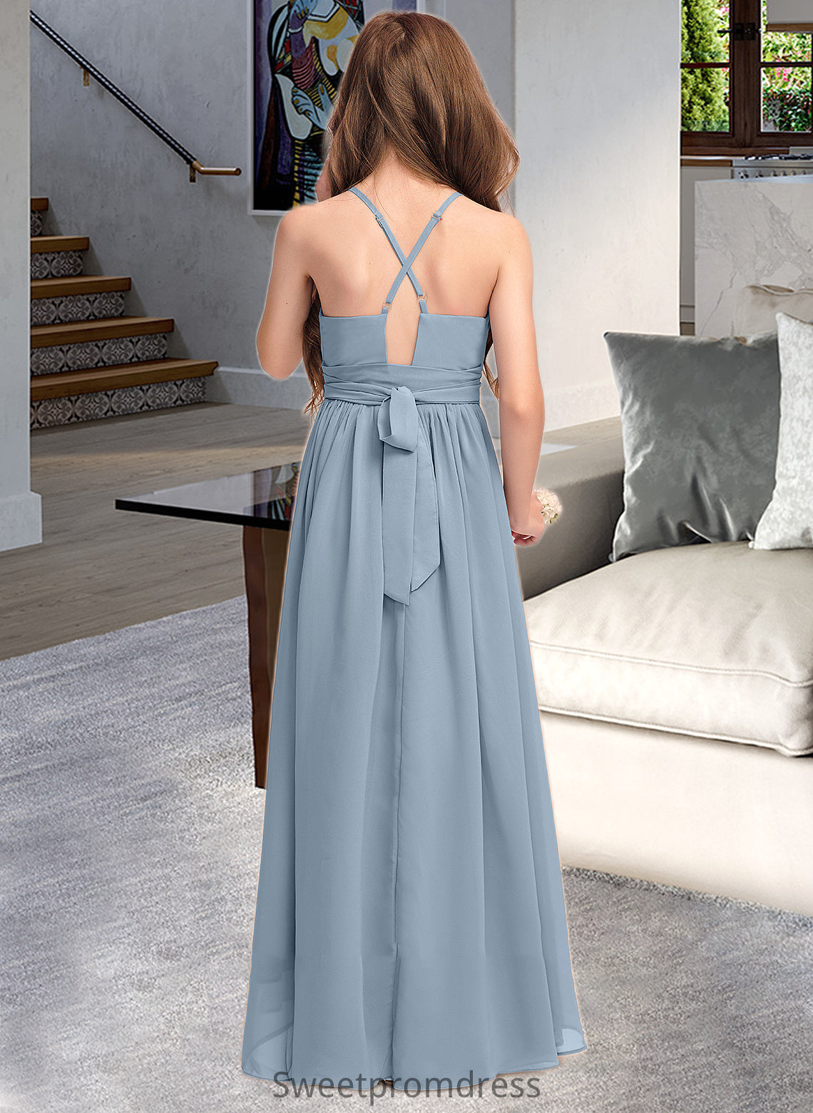 Sofia A-Line Scoop Neck Asymmetrical Chiffon Junior Bridesmaid Dress With Ruffle Bow(s) DHP0013314