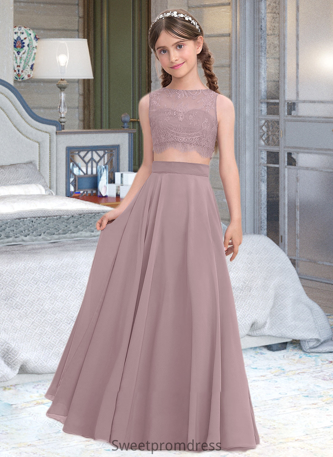 Audrina A-Line Scoop Neck Floor-Length Chiffon Junior Bridesmaid Dress DHP0013316