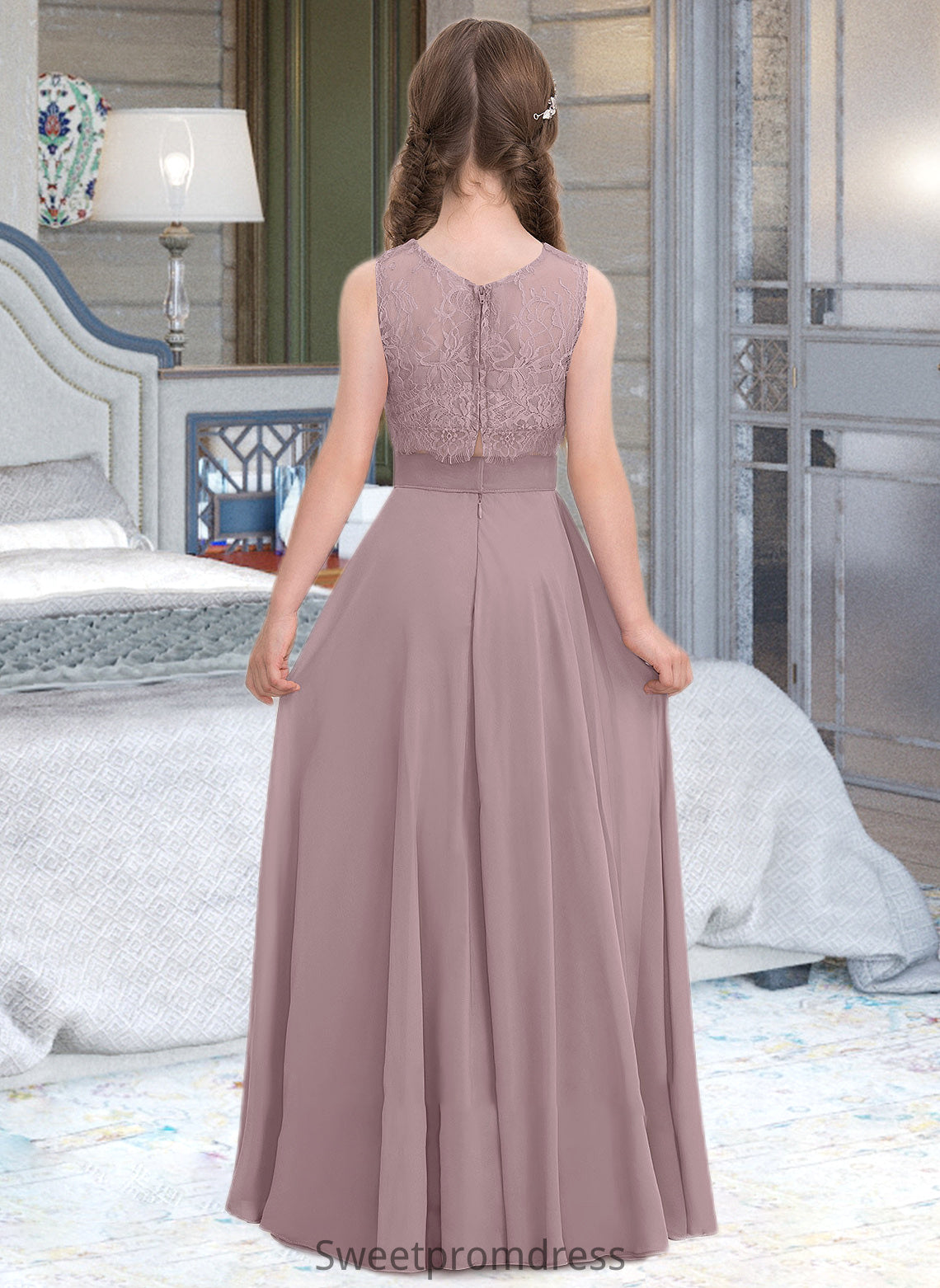 Audrina A-Line Scoop Neck Floor-Length Chiffon Junior Bridesmaid Dress DHP0013316