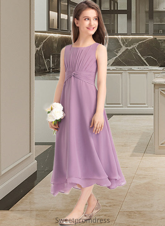 Ashly A-Line Scoop Neck Tea-Length Chiffon Junior Bridesmaid Dress With Ruffle DHP0013317