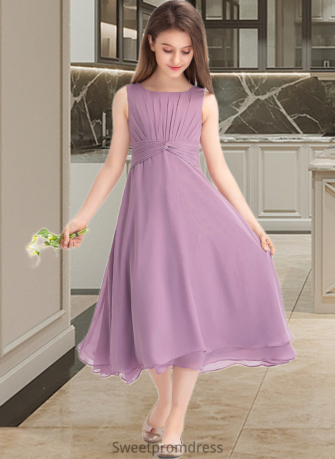 Ashly A-Line Scoop Neck Tea-Length Chiffon Junior Bridesmaid Dress With Ruffle DHP0013317