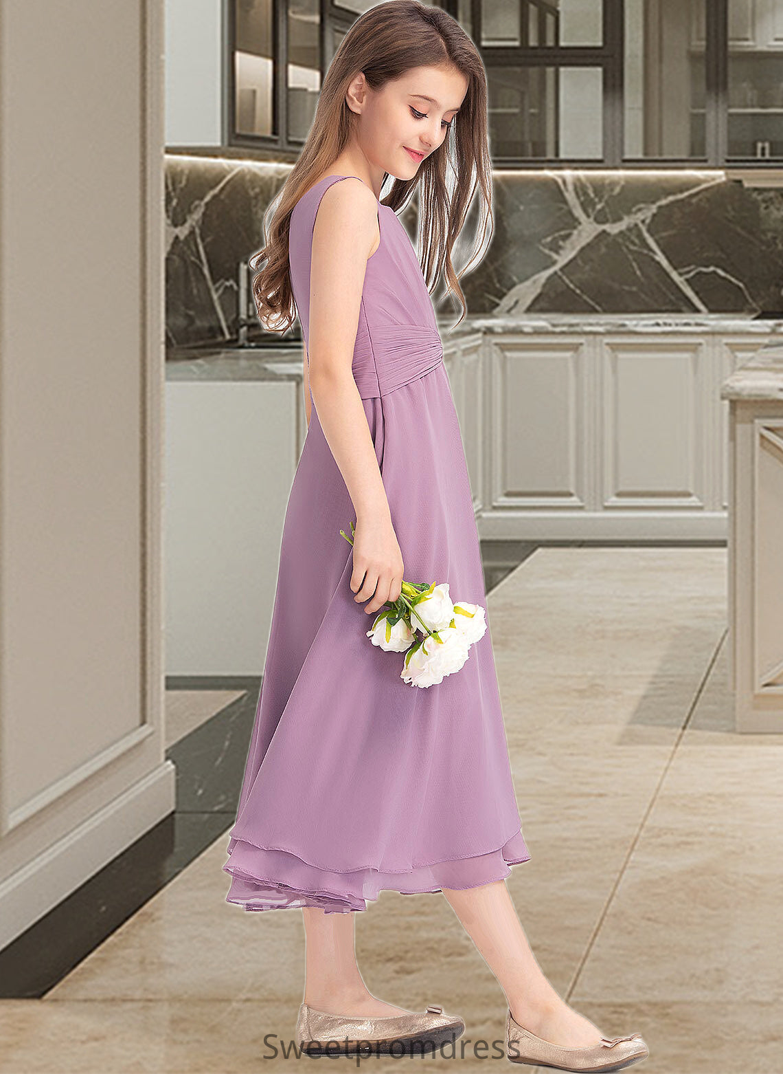 Ashly A-Line Scoop Neck Tea-Length Chiffon Junior Bridesmaid Dress With Ruffle DHP0013317