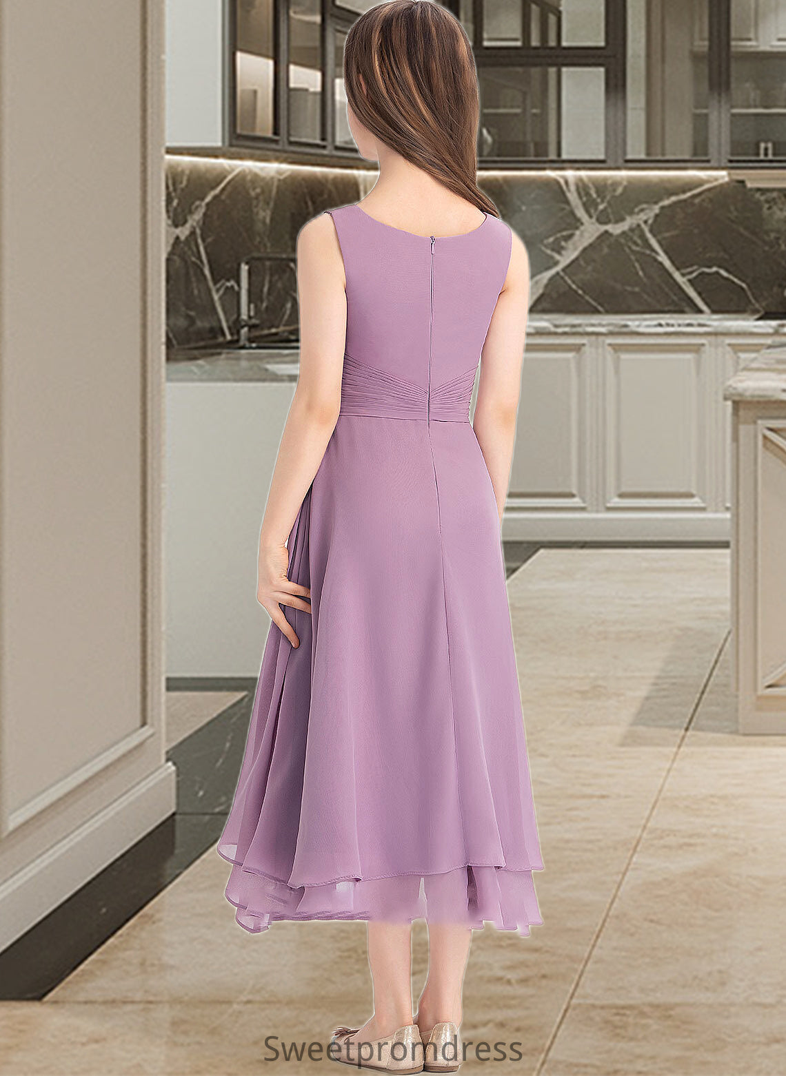 Ashly A-Line Scoop Neck Tea-Length Chiffon Junior Bridesmaid Dress With Ruffle DHP0013317