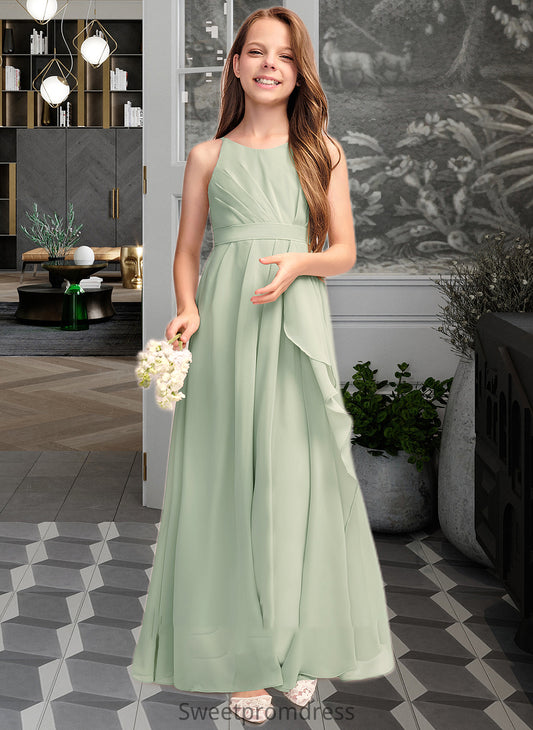 Eve A-Line Scoop Neck Floor-Length Chiffon Junior Bridesmaid Dress With Cascading Ruffles DHP0013318