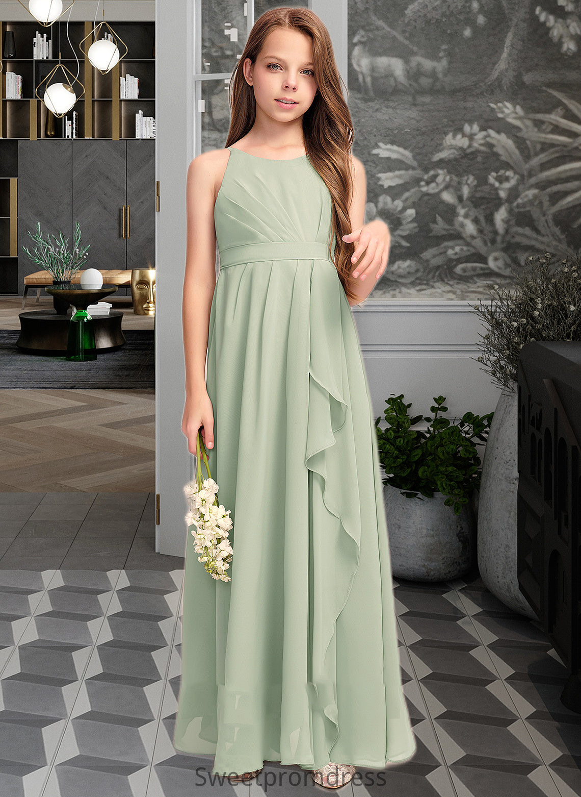 Eve A-Line Scoop Neck Floor-Length Chiffon Junior Bridesmaid Dress With Cascading Ruffles DHP0013318