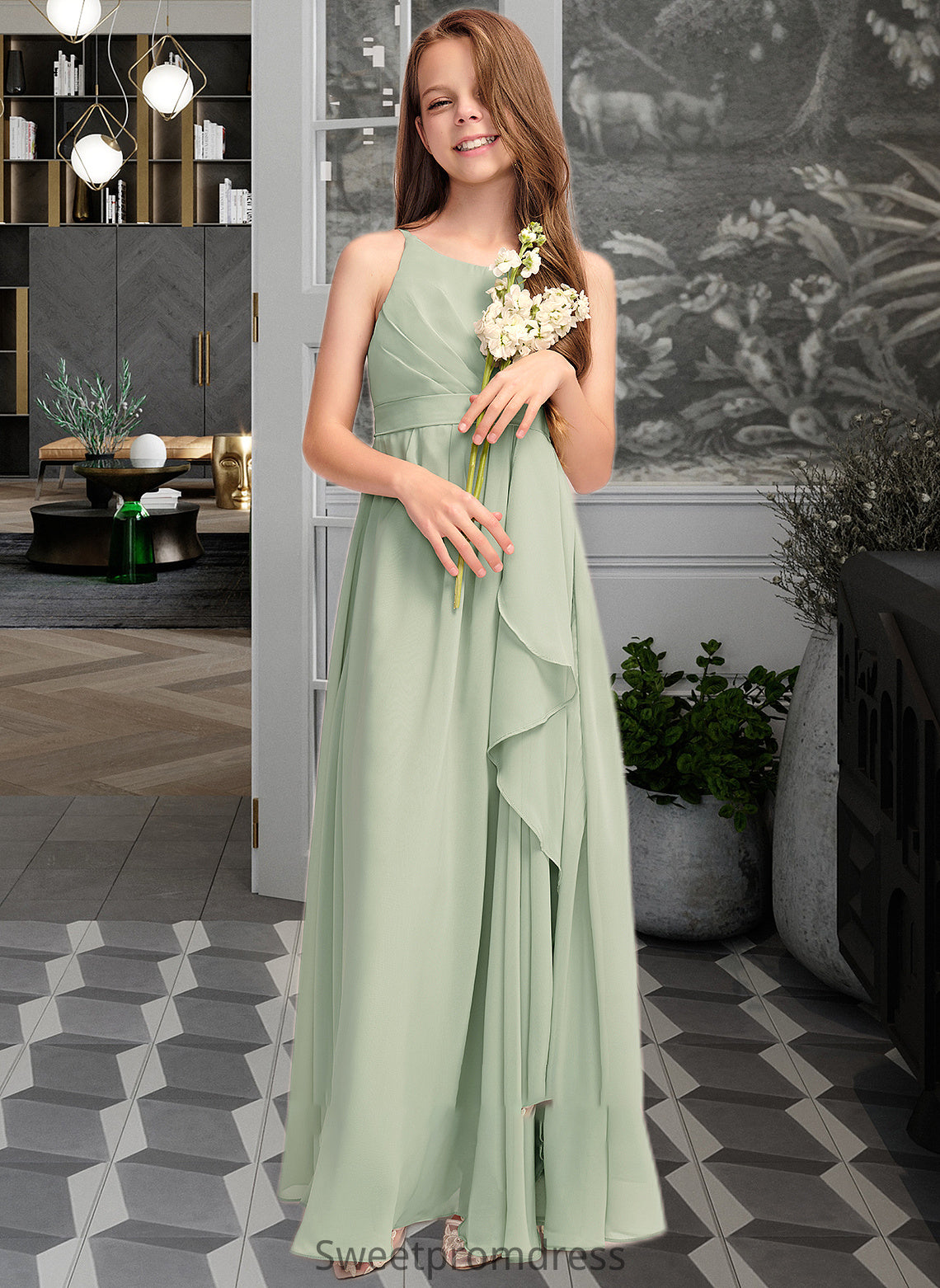 Eve A-Line Scoop Neck Floor-Length Chiffon Junior Bridesmaid Dress With Cascading Ruffles DHP0013318