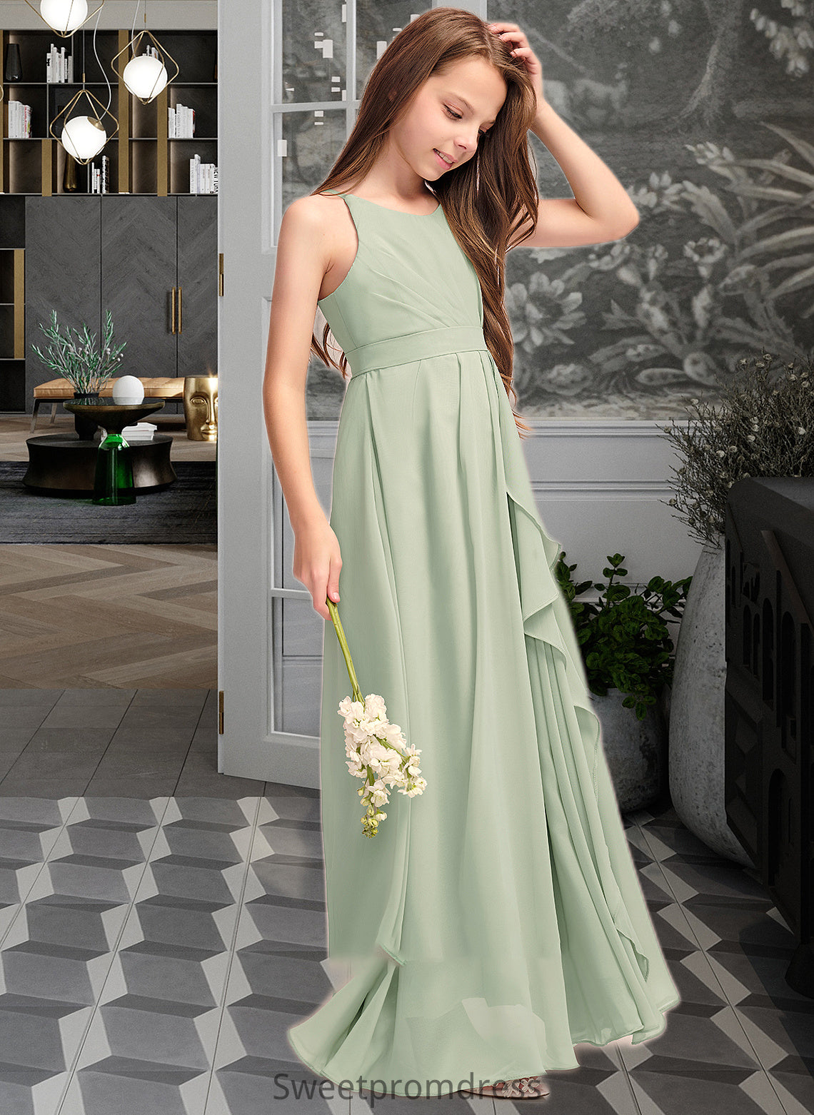 Eve A-Line Scoop Neck Floor-Length Chiffon Junior Bridesmaid Dress With Cascading Ruffles DHP0013318