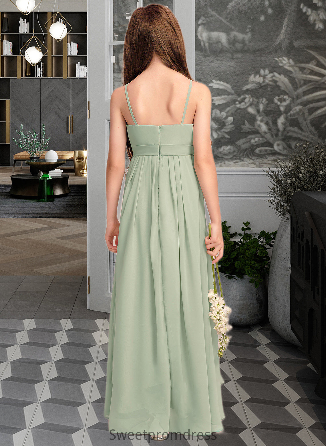 Eve A-Line Scoop Neck Floor-Length Chiffon Junior Bridesmaid Dress With Cascading Ruffles DHP0013318