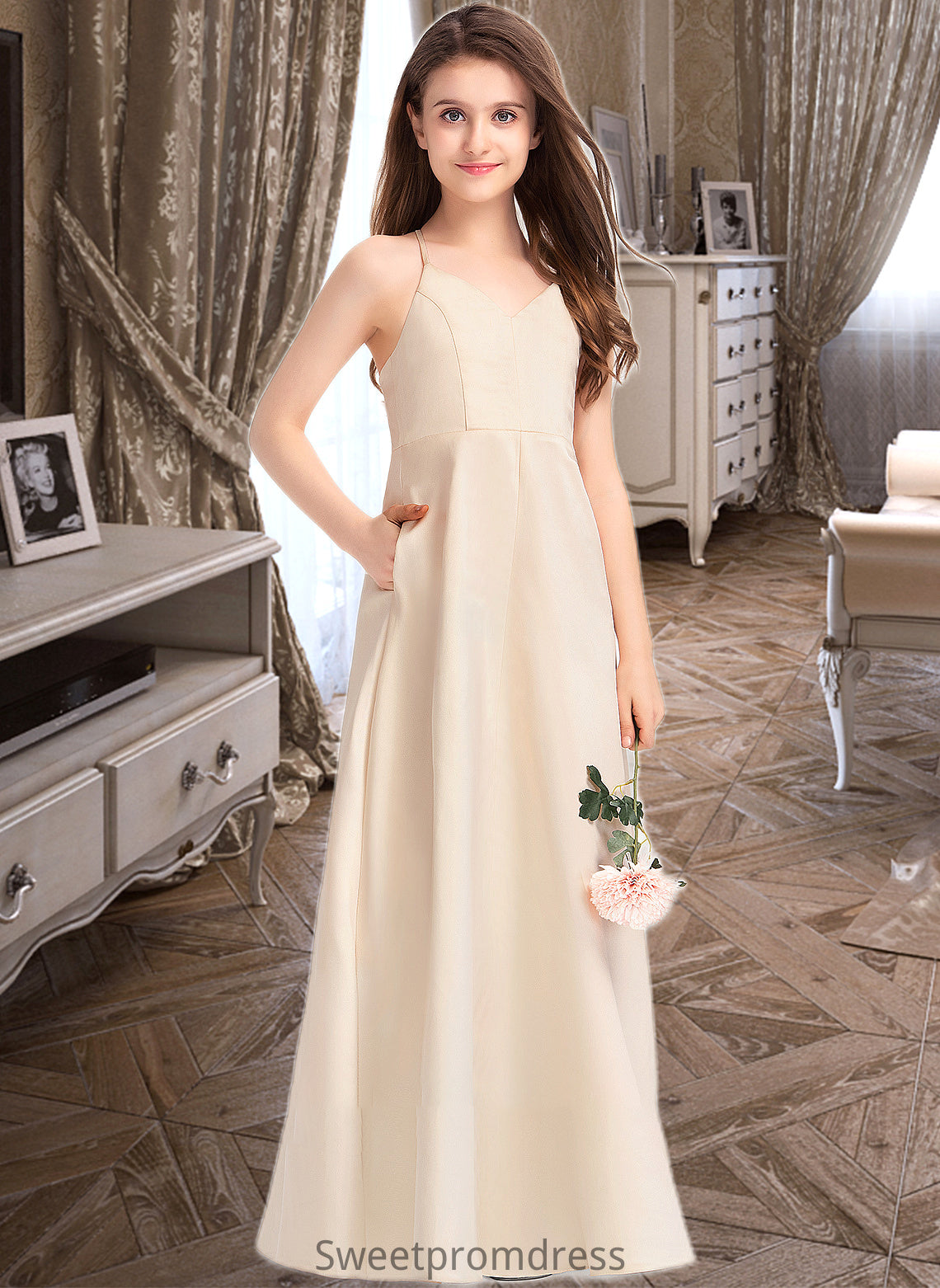 Briley A-Line V-neck Floor-Length Satin Junior Bridesmaid Dress With Pockets DHP0013319