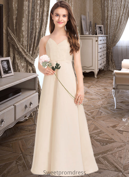 Briley A-Line V-neck Floor-Length Satin Junior Bridesmaid Dress With Pockets DHP0013319