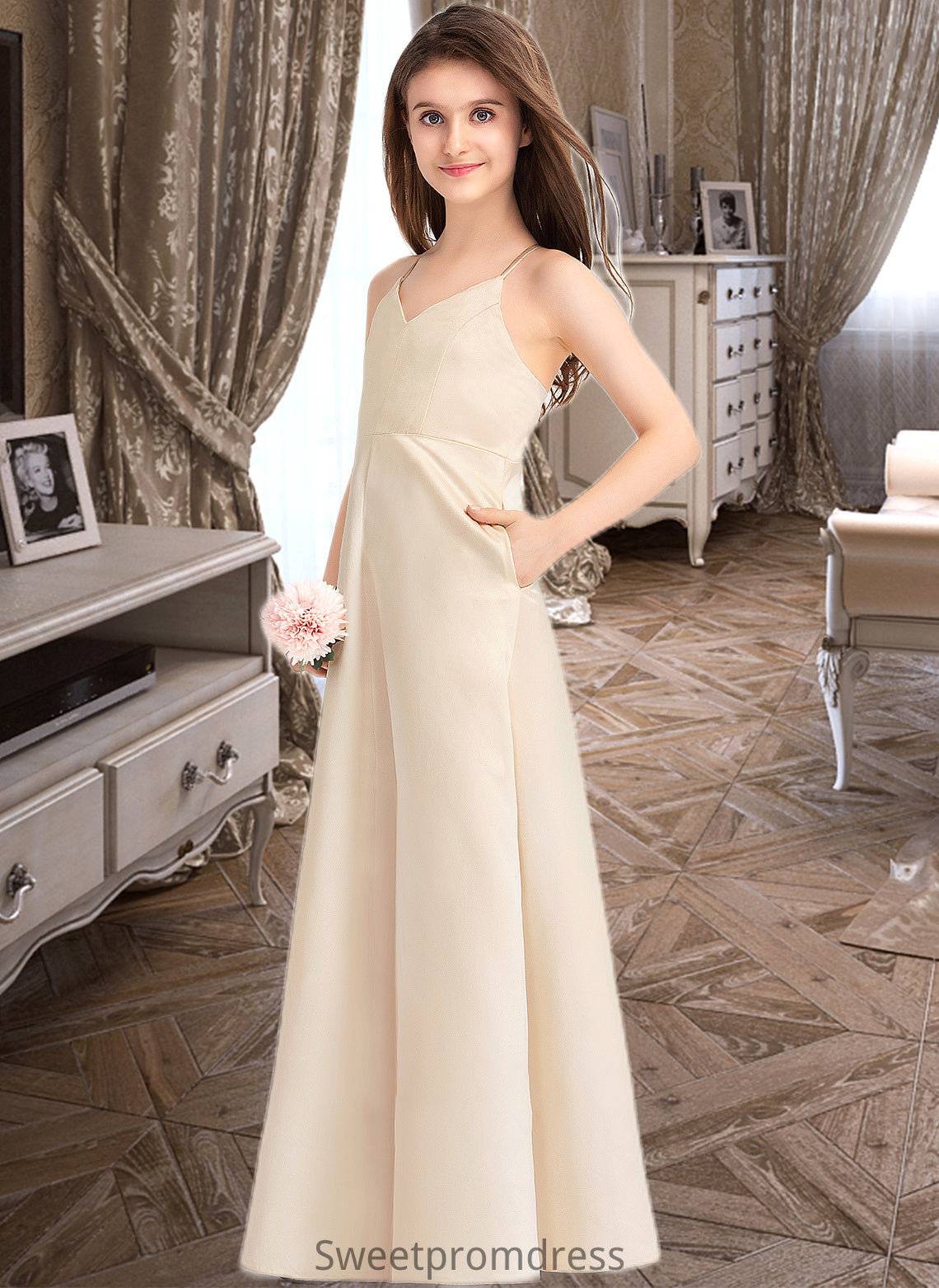 Briley A-Line V-neck Floor-Length Satin Junior Bridesmaid Dress With Pockets DHP0013319