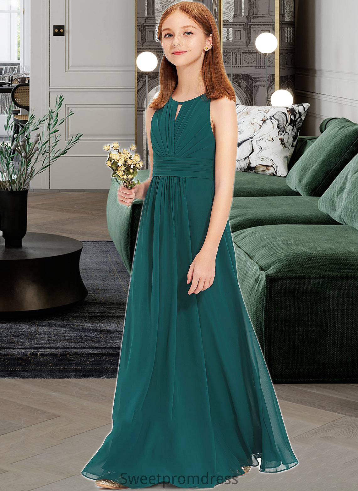 Shaylee A-Line Scoop Neck Floor-Length Chiffon Junior Bridesmaid Dress With Ruffle DHP0013320