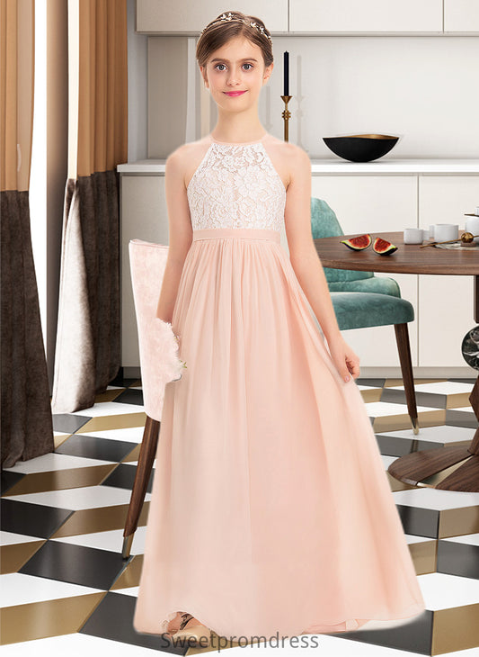 Marie A-Line Scoop Neck Floor-Length Chiffon Lace Junior Bridesmaid Dress DHP0013321