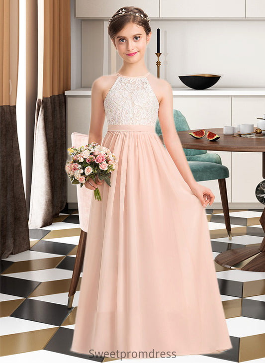 Marie A-Line Scoop Neck Floor-Length Chiffon Lace Junior Bridesmaid Dress DHP0013321