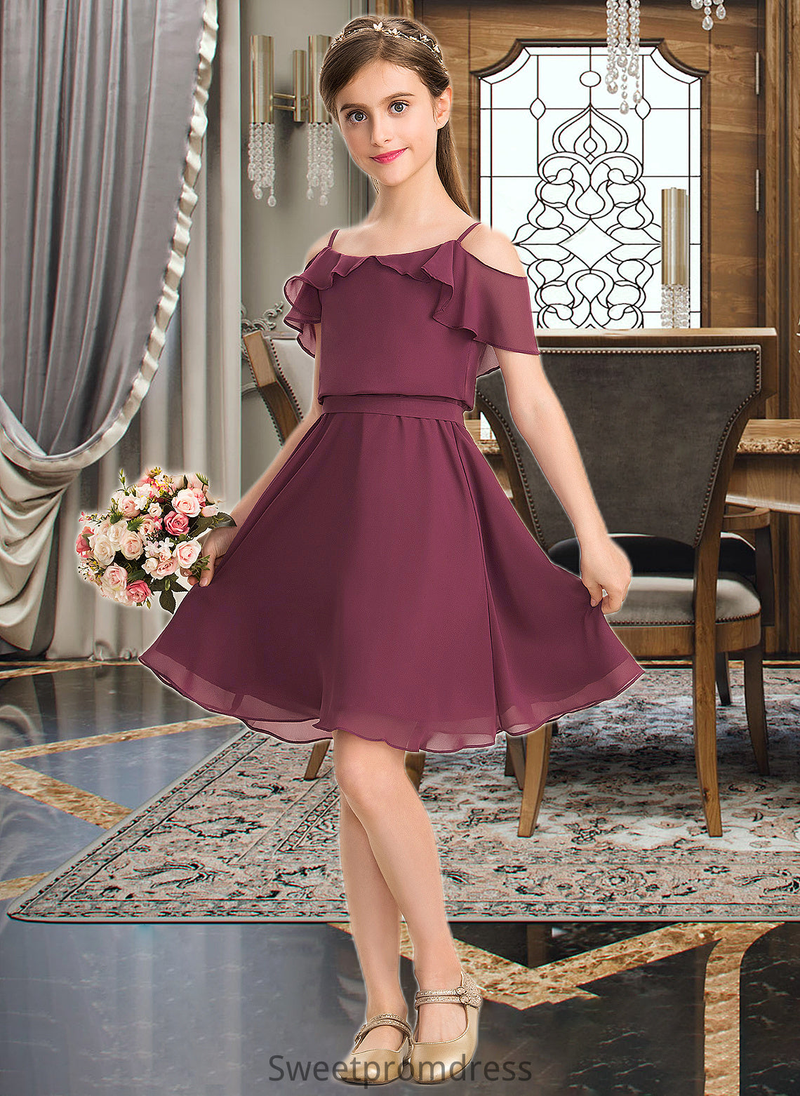 Leslie A-Line Off-the-Shoulder Knee-Length Chiffon Junior Bridesmaid Dress With Bow(s) Cascading Ruffles DHP0013322