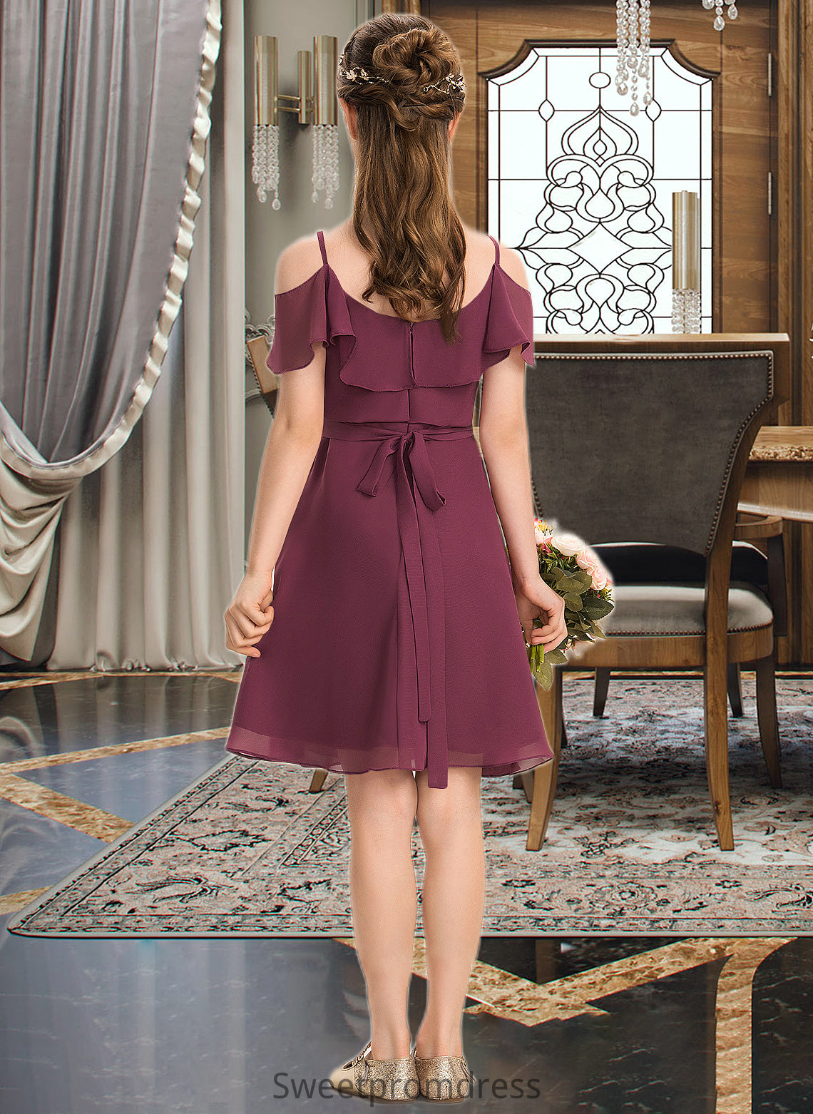 Leslie A-Line Off-the-Shoulder Knee-Length Chiffon Junior Bridesmaid Dress With Bow(s) Cascading Ruffles DHP0013322